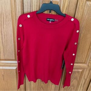 Karl Lagerfeld Vibrant Red Sweater with Champagne Gold buttons NWT